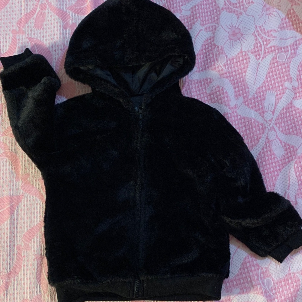 EUC LITTLE GIRLS 5T FAUX FUR HOODED ZIP UP WINTER! WONDER NATION / SOLID BLACK